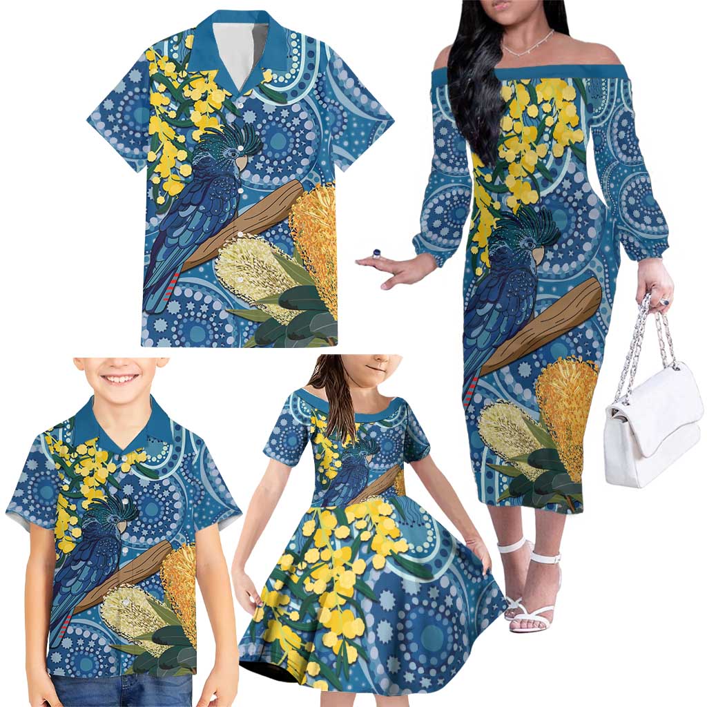 Black Cockatoo Australia Aboriginal Art Family Matching Off The Shoulder Long Sleeve Dress and Hawaiian Shirt NAIDOC Week - Nature Lovers