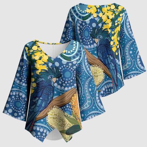 Black Cockatoo Australia Aboriginal Art Kimono Sleeve Blouse NAIDOC Week - Nature Lovers