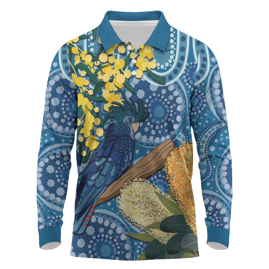 Black Cockatoo Australia Aboriginal Art Long Sleeve Polo Shirt NAIDOC Week - Nature Lovers