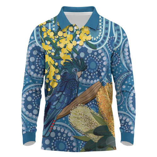 Black Cockatoo Australia Aboriginal Art Long Sleeve Polo Shirt NAIDOC Week - Nature Lovers