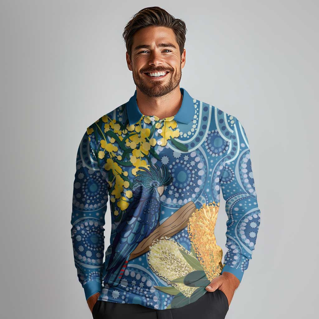 Black Cockatoo Australia Aboriginal Art Long Sleeve Polo Shirt NAIDOC Week - Nature Lovers