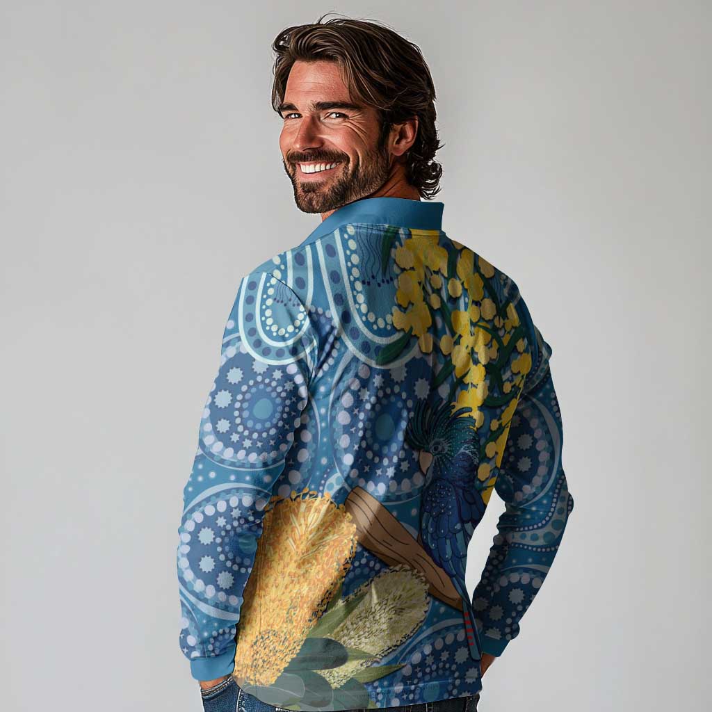 Black Cockatoo Australia Aboriginal Art Long Sleeve Polo Shirt NAIDOC Week - Nature Lovers