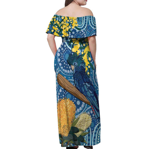 Black Cockatoo Australia Aboriginal Art Off Shoulder Maxi Dress NAIDOC Week - Nature Lovers