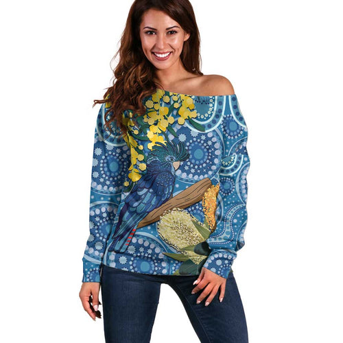 Black Cockatoo Australia Aboriginal Art Off Shoulder Sweater NAIDOC Week - Nature Lovers