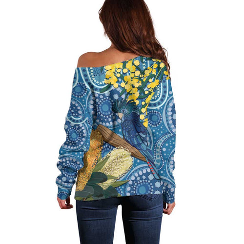 Black Cockatoo Australia Aboriginal Art Off Shoulder Sweater NAIDOC Week - Nature Lovers