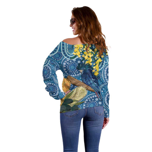 Black Cockatoo Australia Aboriginal Art Off Shoulder Sweater NAIDOC Week - Nature Lovers