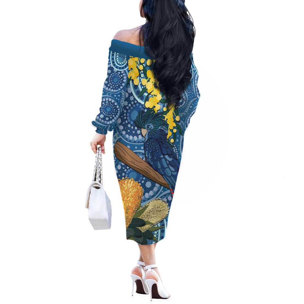 Black Cockatoo Australia Aboriginal Art Off The Shoulder Long Sleeve Dress NAIDOC Week - Nature Lovers