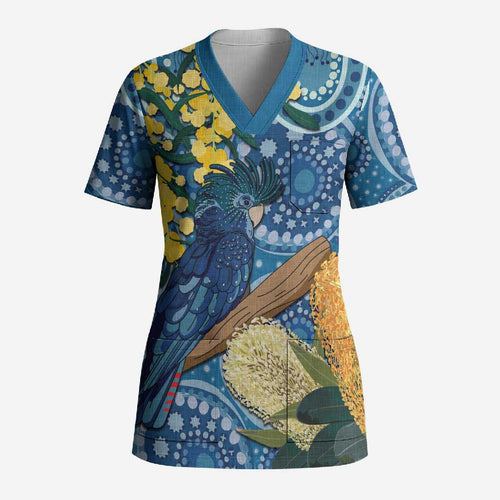 Black Cockatoo Australia Aboriginal Art Scrub Top NAIDOC Week - Nature Lovers