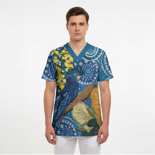 Black Cockatoo Australia Aboriginal Art Scrub Top NAIDOC Week - Nature Lovers