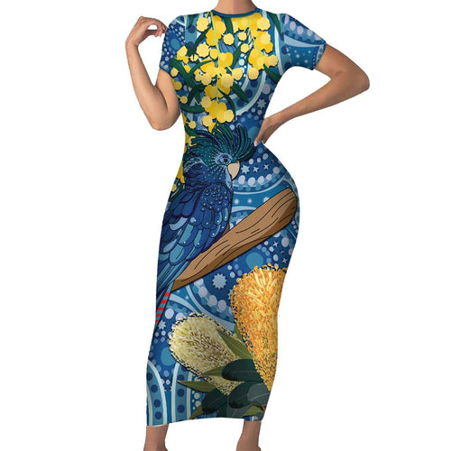 Black Cockatoo Australia Aboriginal Art Short Sleeve Bodycon Dress NAIDOC Week - Nature Lovers