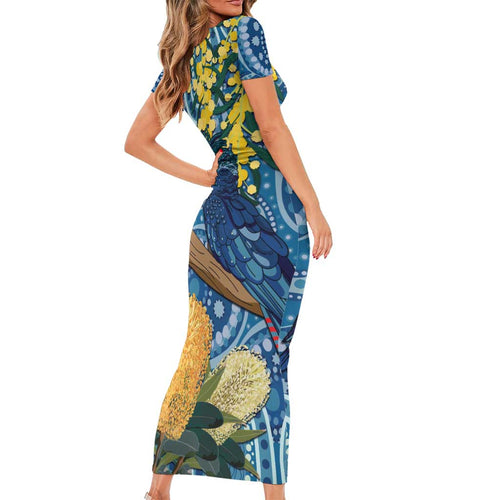 Black Cockatoo Australia Aboriginal Art Short Sleeve Bodycon Dress NAIDOC Week - Nature Lovers