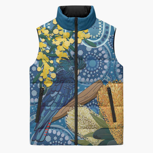Black Cockatoo Australia Aboriginal Art Sleeveless Puffer Jacket NAIDOC Week - Nature Lovers