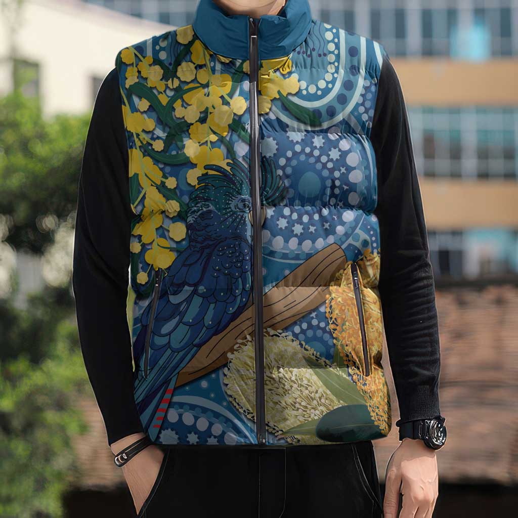 Black Cockatoo Australia Aboriginal Art Sleeveless Puffer Jacket NAIDOC Week - Nature Lovers