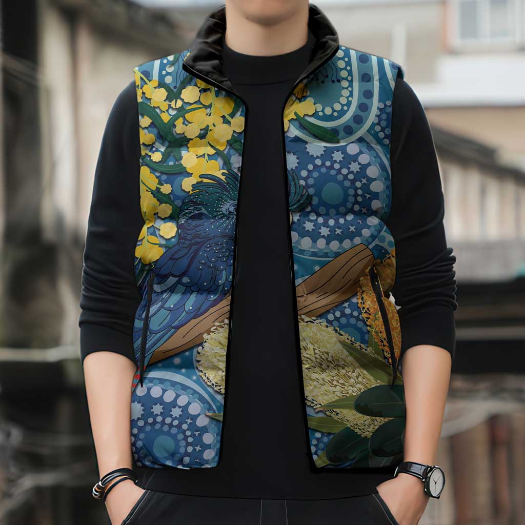 Black Cockatoo Australia Aboriginal Art Sleeveless Puffer Jacket NAIDOC Week - Nature Lovers