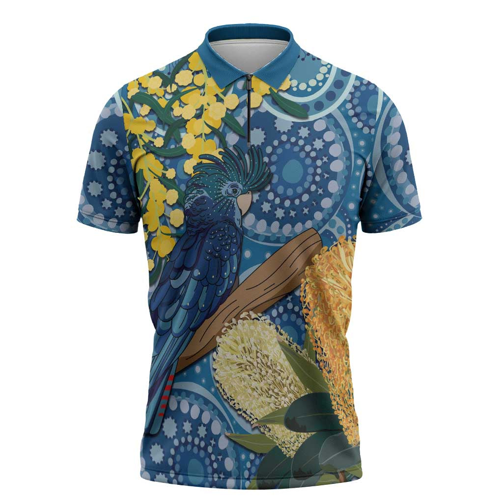 Black Cockatoo Australia Aboriginal Art Zipper Polo Shirt NAIDOC Week - Nature Lovers