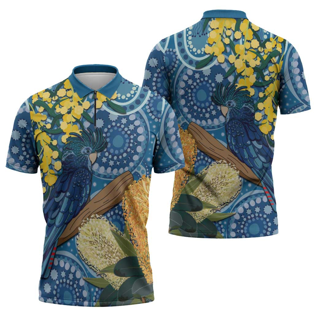 Black Cockatoo Australia Aboriginal Art Zipper Polo Shirt NAIDOC Week - Nature Lovers