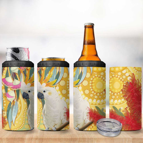 Sulphur-Crested Cockatoo Australia Aboriginal Art 4 in 1 Can Cooler Tumbler NAIDOC Week - Nature Lovers