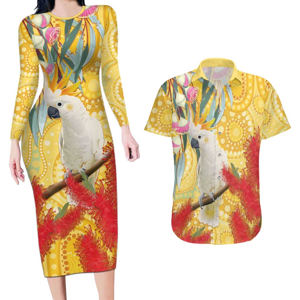 Sulphur-Crested Cockatoo Australia Aboriginal Art Couples Matching Long Sleeve Bodycon Dress and Hawaiian Shirt NAIDOC Week - Nature Lovers
