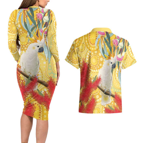 Sulphur-Crested Cockatoo Australia Aboriginal Art Couples Matching Long Sleeve Bodycon Dress and Hawaiian Shirt NAIDOC Week - Nature Lovers