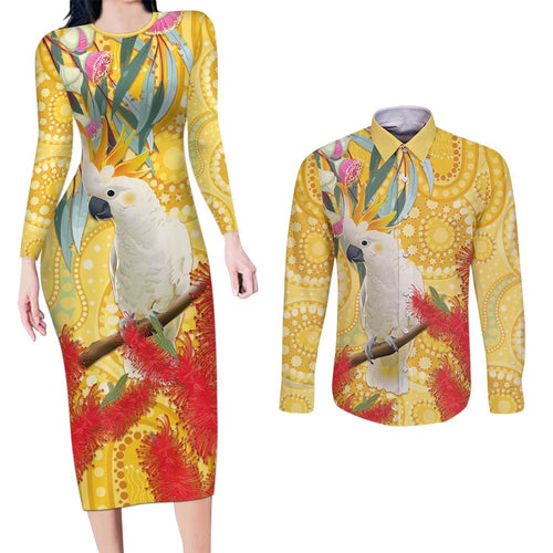 Sulphur-Crested Cockatoo Australia Aboriginal Art Couples Matching Long Sleeve Bodycon Dress and Long Sleeve Button Shirt NAIDOC Week - Nature Lovers