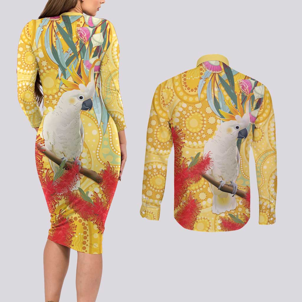 Sulphur-Crested Cockatoo Australia Aboriginal Art Couples Matching Long Sleeve Bodycon Dress and Long Sleeve Button Shirt NAIDOC Week - Nature Lovers
