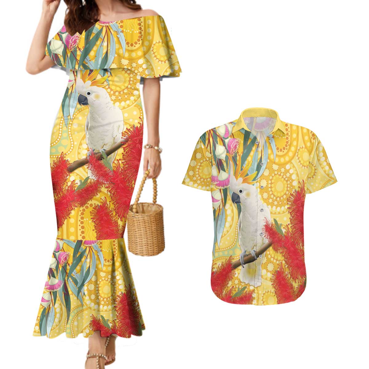 Sulphur-Crested Cockatoo Australia Aboriginal Art Couples Matching Mermaid Dress and Hawaiian Shirt NAIDOC Week - Nature Lovers