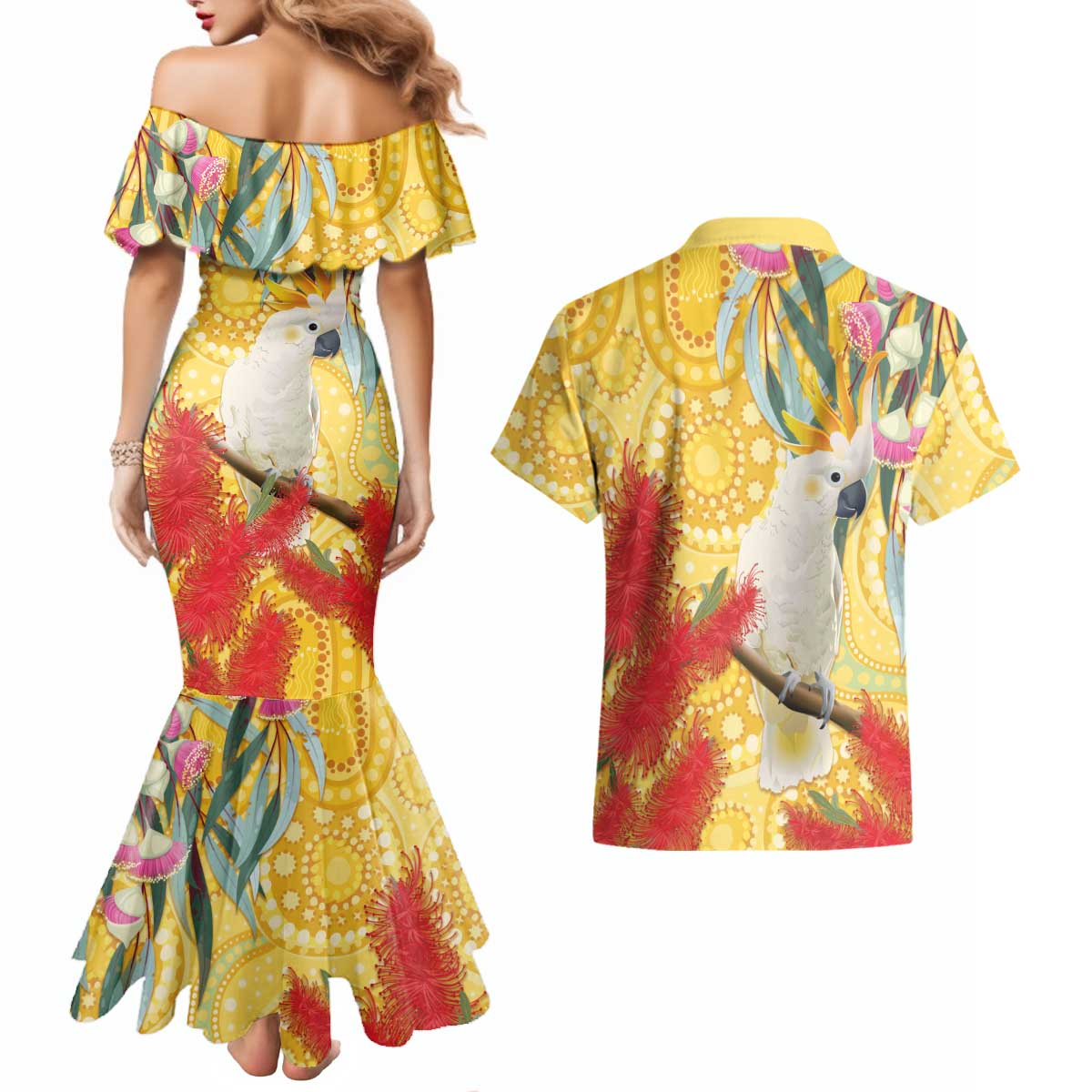 Sulphur-Crested Cockatoo Australia Aboriginal Art Couples Matching Mermaid Dress and Hawaiian Shirt NAIDOC Week - Nature Lovers