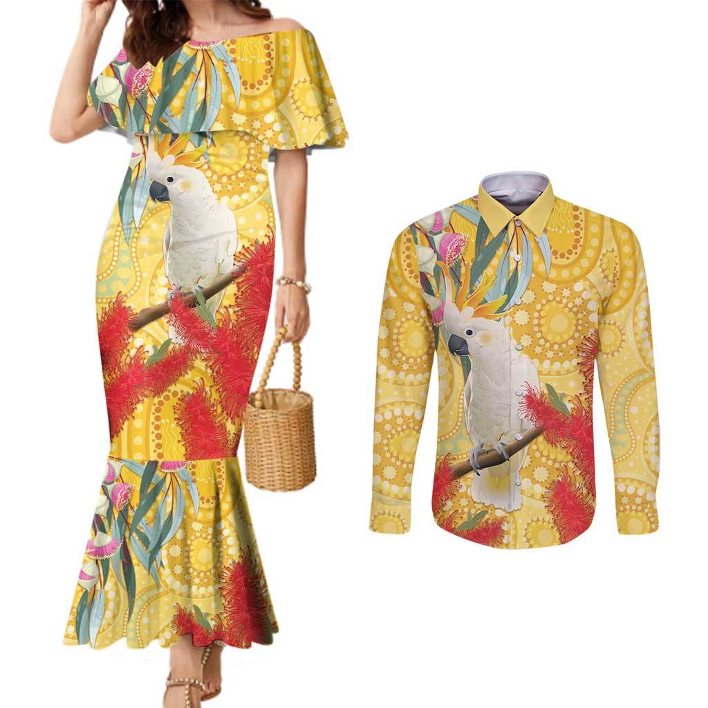 Sulphur-Crested Cockatoo Australia Aboriginal Art Couples Matching Mermaid Dress and Long Sleeve Button Shirt NAIDOC Week - Nature Lovers