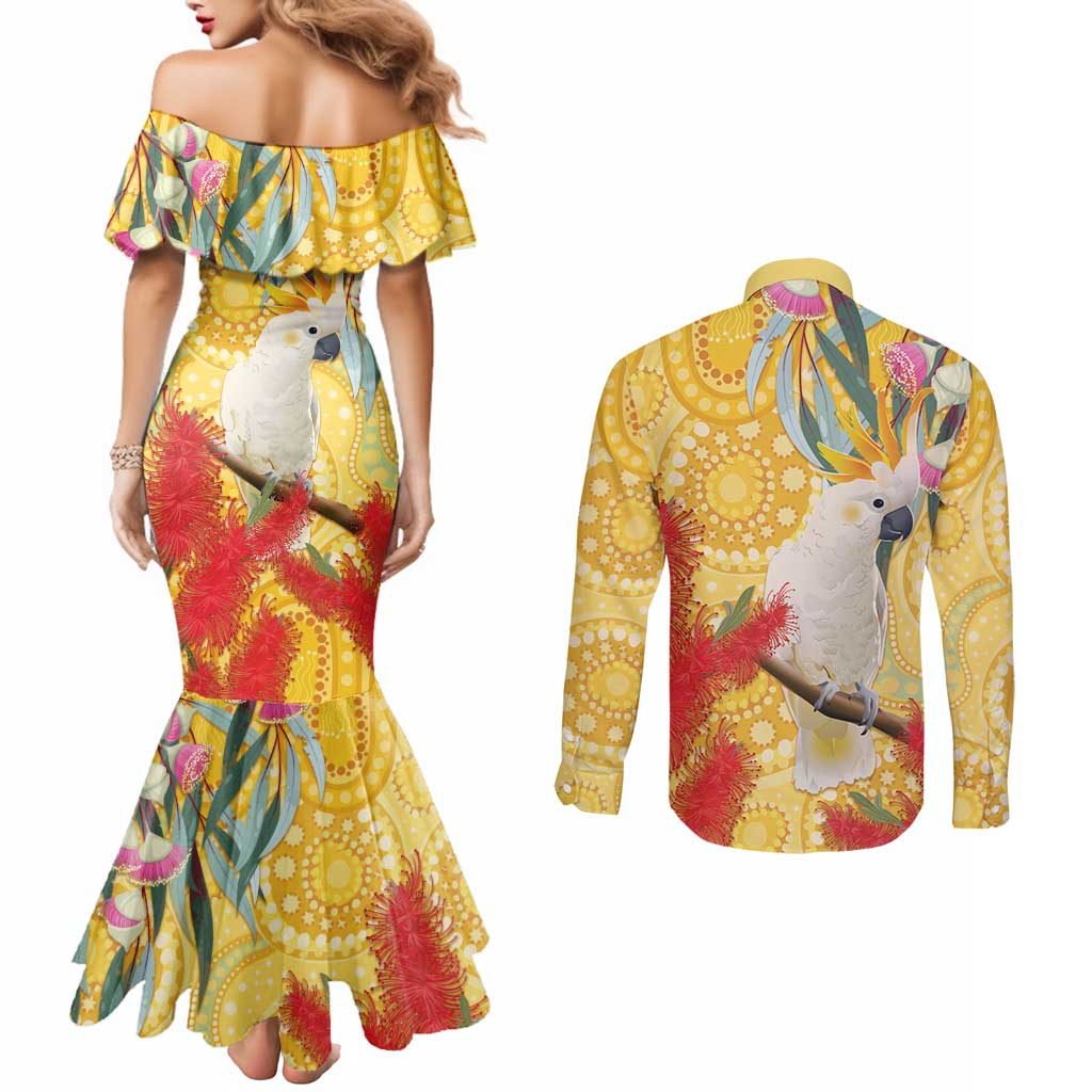 Sulphur-Crested Cockatoo Australia Aboriginal Art Couples Matching Mermaid Dress and Long Sleeve Button Shirt NAIDOC Week - Nature Lovers