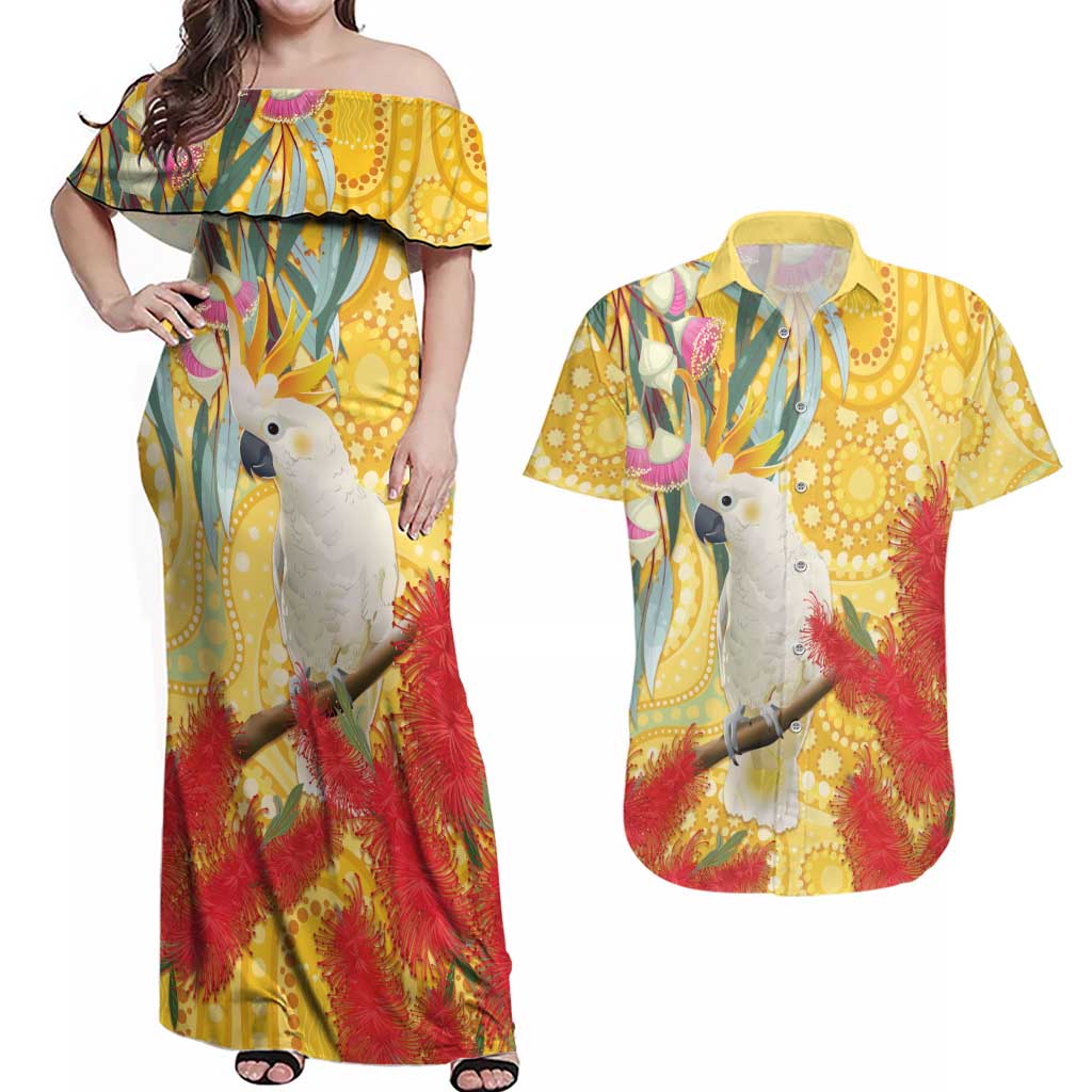 Sulphur-Crested Cockatoo Australia Aboriginal Art Couples Matching Off Shoulder Maxi Dress and Hawaiian Shirt NAIDOC Week - Nature Lovers