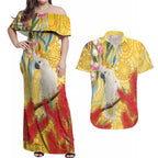 Sulphur-Crested Cockatoo Australia Aboriginal Art Couples Matching Off Shoulder Maxi Dress and Hawaiian Shirt NAIDOC Week - Nature Lovers