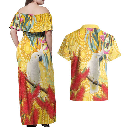 Sulphur-Crested Cockatoo Australia Aboriginal Art Couples Matching Off Shoulder Maxi Dress and Hawaiian Shirt NAIDOC Week - Nature Lovers