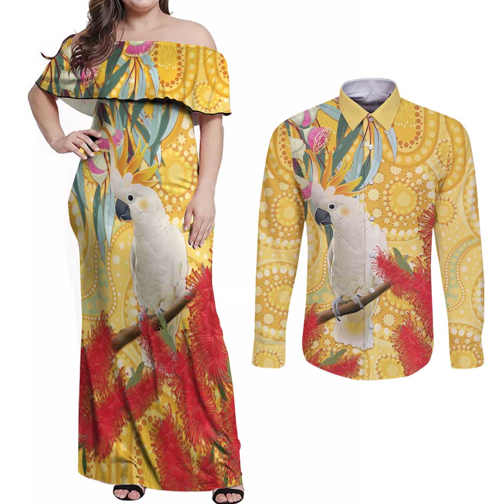 Sulphur-Crested Cockatoo Australia Aboriginal Art Couples Matching Off Shoulder Maxi Dress and Long Sleeve Button Shirt NAIDOC Week - Nature Lovers