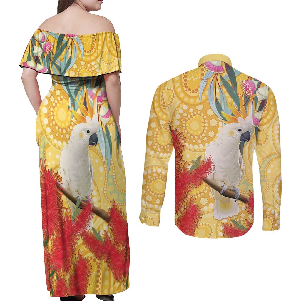 Sulphur-Crested Cockatoo Australia Aboriginal Art Couples Matching Off Shoulder Maxi Dress and Long Sleeve Button Shirt NAIDOC Week - Nature Lovers