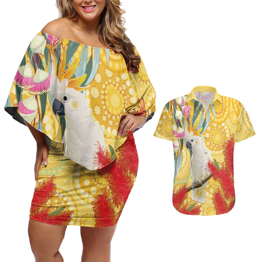 Sulphur-Crested Cockatoo Australia Aboriginal Art Couples Matching Off Shoulder Short Dress and Hawaiian Shirt NAIDOC Week - Nature Lovers