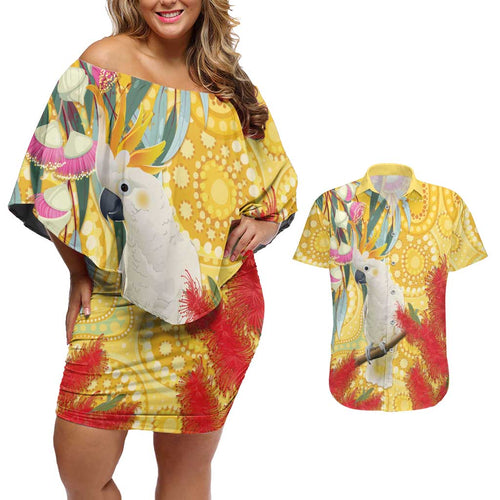 Sulphur-Crested Cockatoo Australia Aboriginal Art Couples Matching Off Shoulder Short Dress and Hawaiian Shirt NAIDOC Week - Nature Lovers