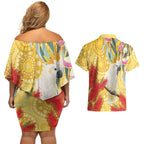 Sulphur-Crested Cockatoo Australia Aboriginal Art Couples Matching Off Shoulder Short Dress and Hawaiian Shirt NAIDOC Week - Nature Lovers