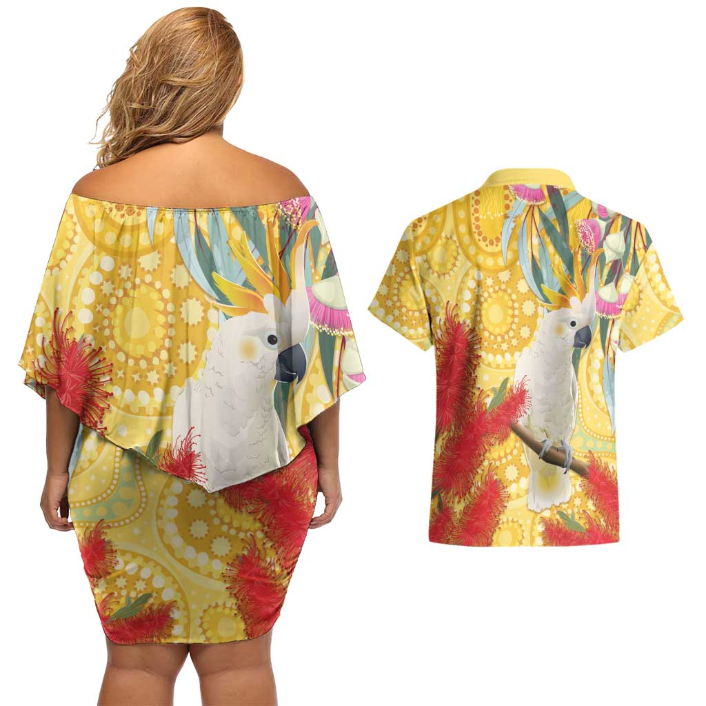 Sulphur-Crested Cockatoo Australia Aboriginal Art Couples Matching Off Shoulder Short Dress and Hawaiian Shirt NAIDOC Week - Nature Lovers