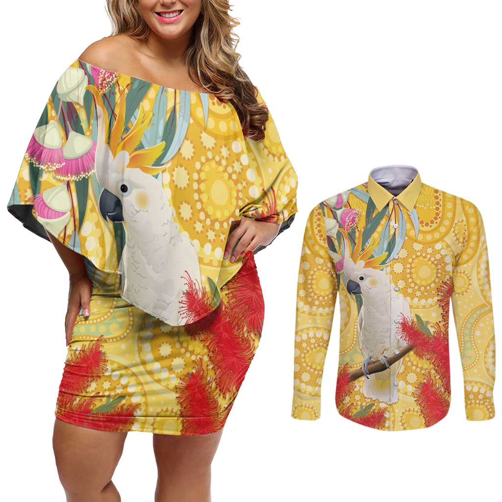 Sulphur-Crested Cockatoo Australia Aboriginal Art Couples Matching Off Shoulder Short Dress and Long Sleeve Button Shirt NAIDOC Week - Nature Lovers