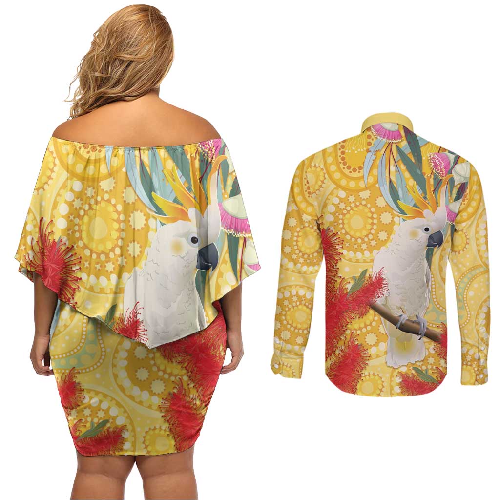 Sulphur-Crested Cockatoo Australia Aboriginal Art Couples Matching Off Shoulder Short Dress and Long Sleeve Button Shirt NAIDOC Week - Nature Lovers