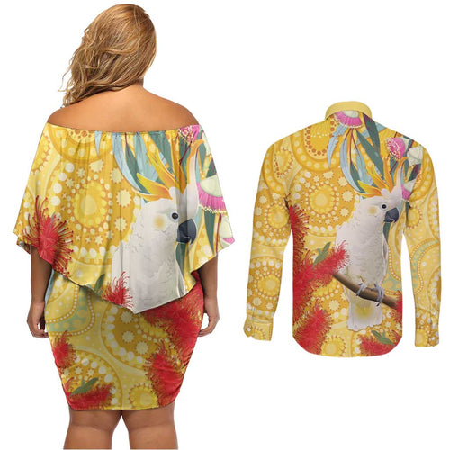 Sulphur-Crested Cockatoo Australia Aboriginal Art Couples Matching Off Shoulder Short Dress and Long Sleeve Button Shirt NAIDOC Week - Nature Lovers