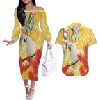 Sulphur-Crested Cockatoo Australia Aboriginal Art Couples Matching Off The Shoulder Long Sleeve Dress and Hawaiian Shirt NAIDOC Week - Nature Lovers