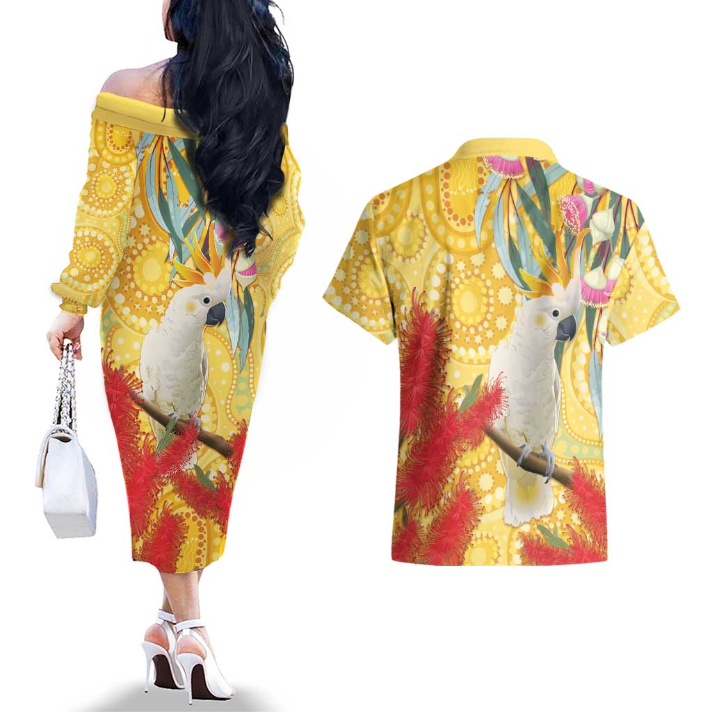 Sulphur-Crested Cockatoo Australia Aboriginal Art Couples Matching Off The Shoulder Long Sleeve Dress and Hawaiian Shirt NAIDOC Week - Nature Lovers
