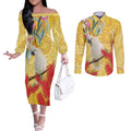 Sulphur-Crested Cockatoo Australia Aboriginal Art Couples Matching Off The Shoulder Long Sleeve Dress and Long Sleeve Button Shirt NAIDOC Week - Nature Lovers
