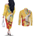 Sulphur-Crested Cockatoo Australia Aboriginal Art Couples Matching Off The Shoulder Long Sleeve Dress and Long Sleeve Button Shirt NAIDOC Week - Nature Lovers