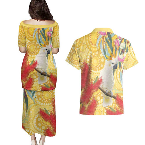 Sulphur-Crested Cockatoo Australia Aboriginal Art Couples Matching Puletasi and Hawaiian Shirt NAIDOC Week - Nature Lovers
