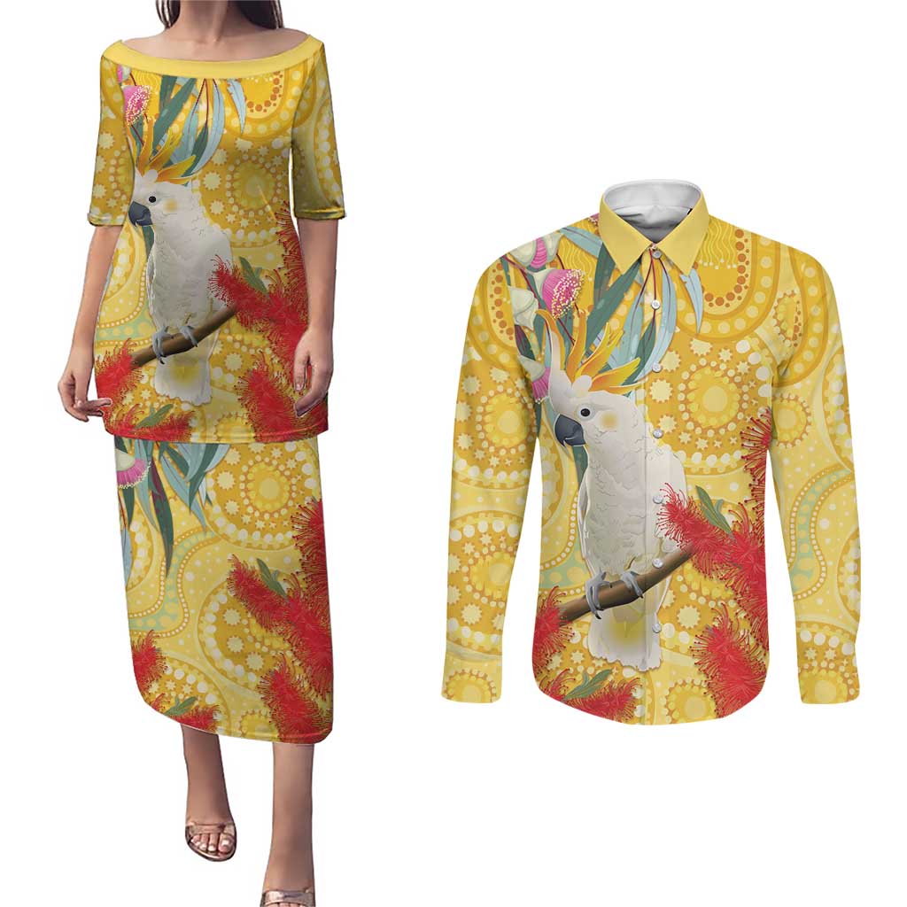 Sulphur-Crested Cockatoo Australia Aboriginal Art Couples Matching Puletasi and Long Sleeve Button Shirt NAIDOC Week - Nature Lovers