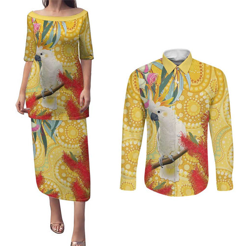 Sulphur-Crested Cockatoo Australia Aboriginal Art Couples Matching Puletasi and Long Sleeve Button Shirt NAIDOC Week - Nature Lovers