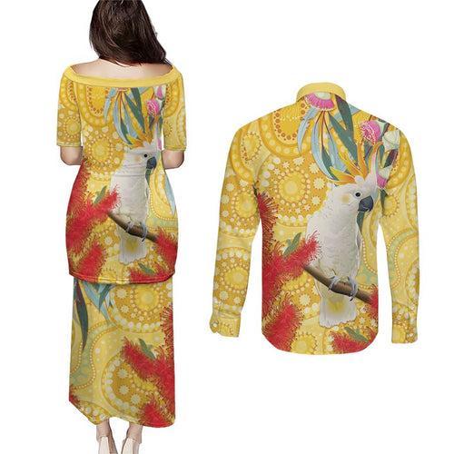 Sulphur-Crested Cockatoo Australia Aboriginal Art Couples Matching Puletasi and Long Sleeve Button Shirt NAIDOC Week - Nature Lovers
