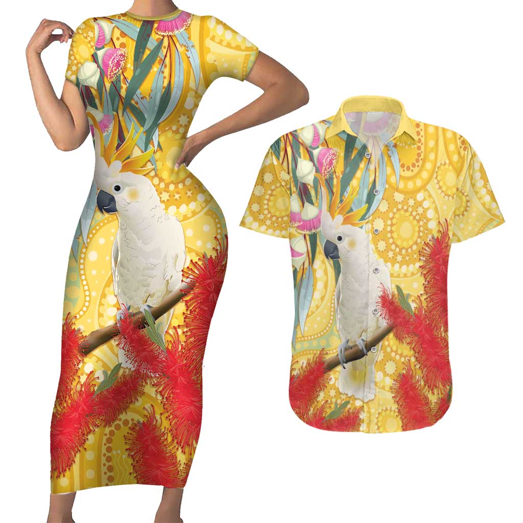 Sulphur-Crested Cockatoo Australia Aboriginal Art Couples Matching Short Sleeve Bodycon Dress and Hawaiian Shirt NAIDOC Week - Nature Lovers